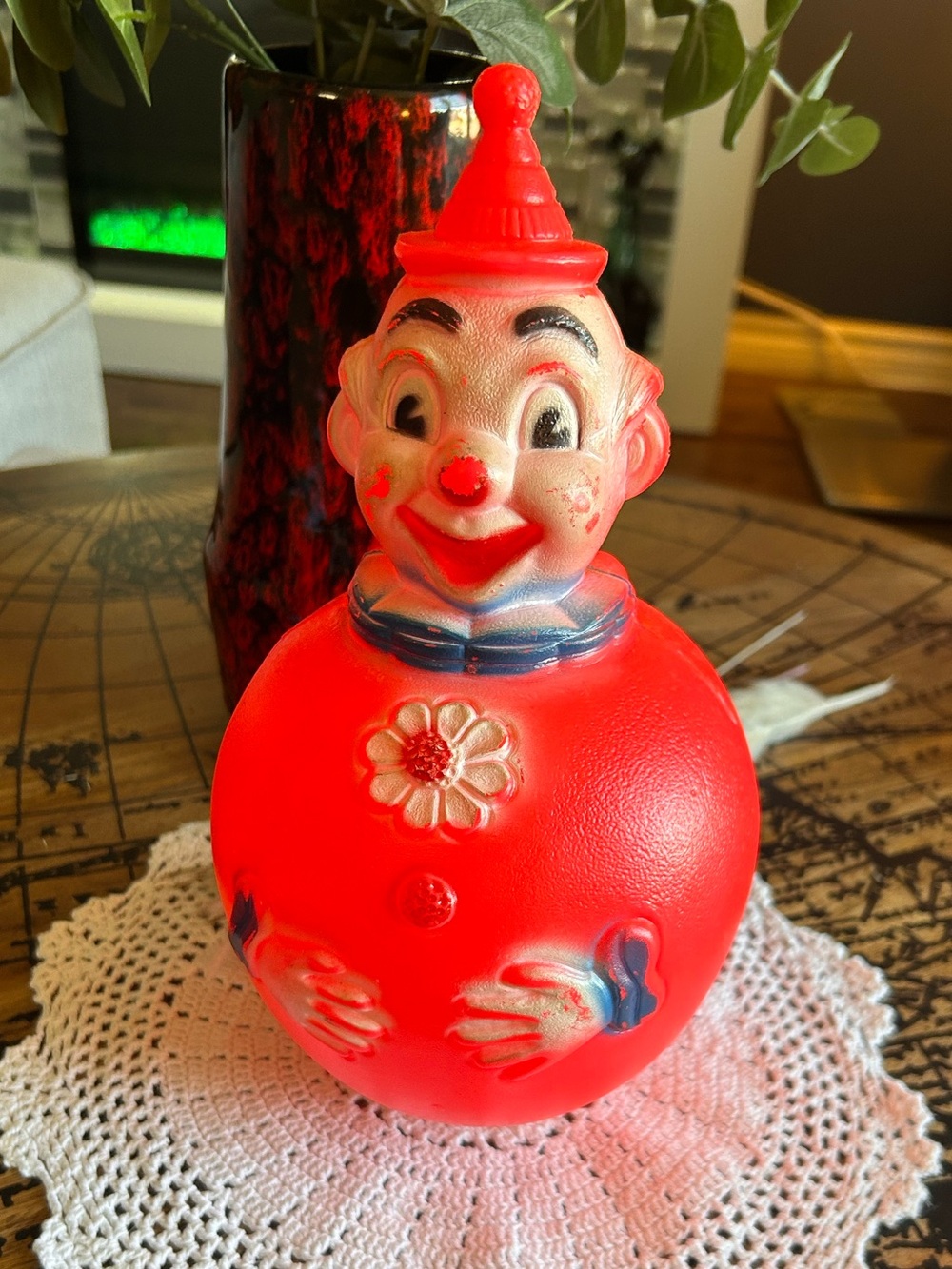 Vintage 1960s Regal Toys Canada Roly Poly Clown Musical Chime Toy Red Plastic